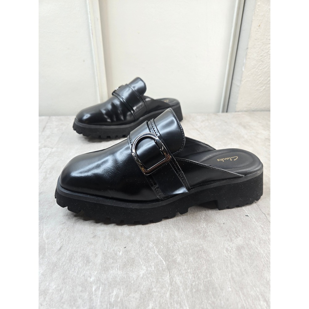 Clarks Platform Buckle Mules 8.5 Black Leather Chunky Lug Sole Shoes Edgy Grunge